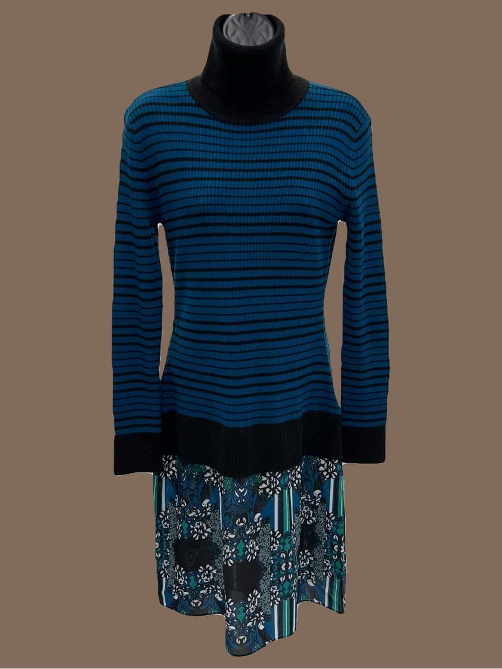 New York & Company Teal and Black Striped Turtleneck Sweater